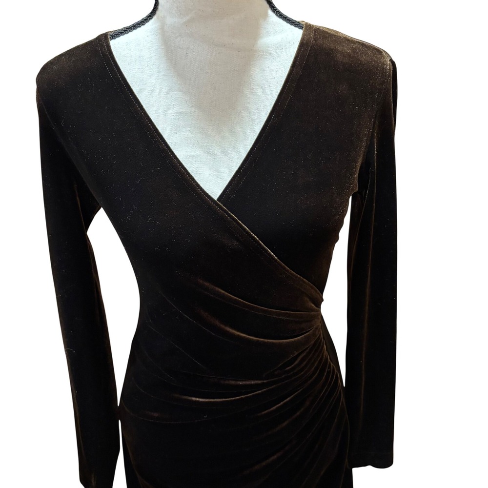 Tadashi Shoji Velvet Brown Ruched Wrap Dress Long Sleeve Stretchy‎ 
Midi XS - Picture 4 of 14